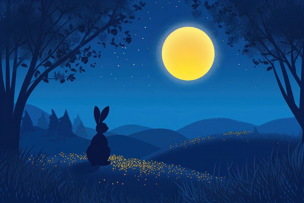 Rabbit sitting on the hills looking at big yellow moon night astronomy outdoors.