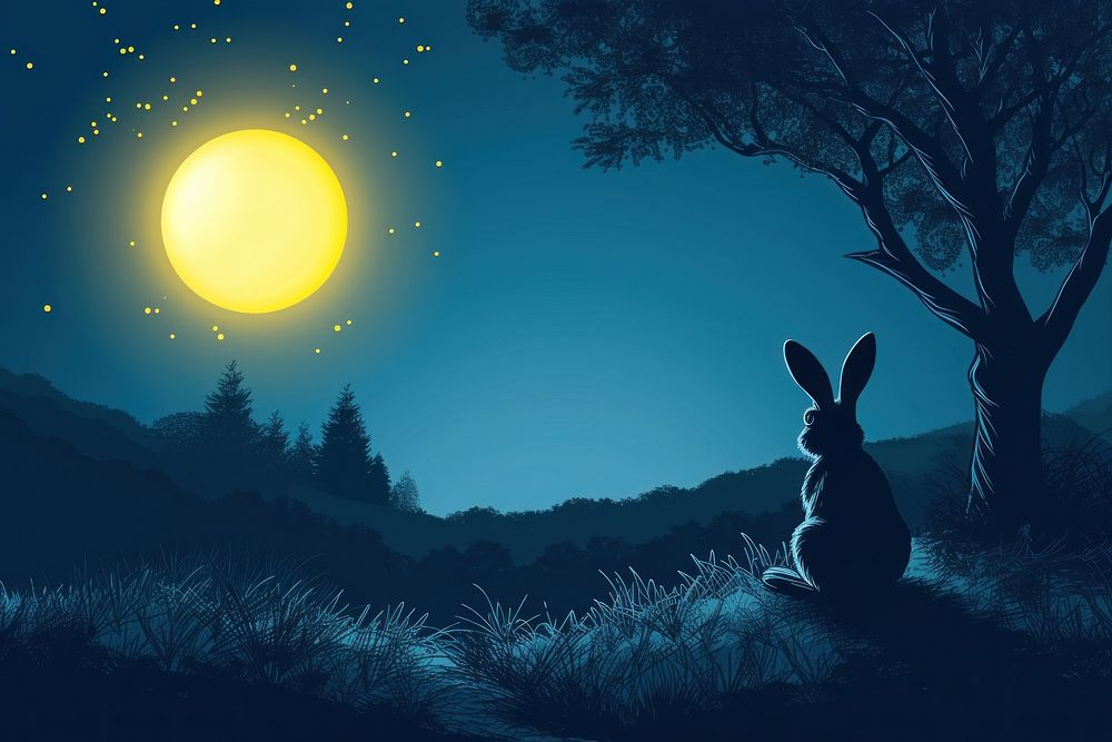 Rabbit sitting on the hills looking at big yellow moon night outdoors nature.