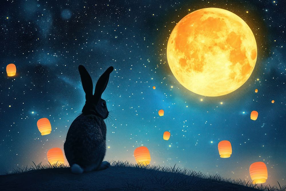 Rabbit sitting on the green hill looking at big yellow moon astronomy outdoors nature.