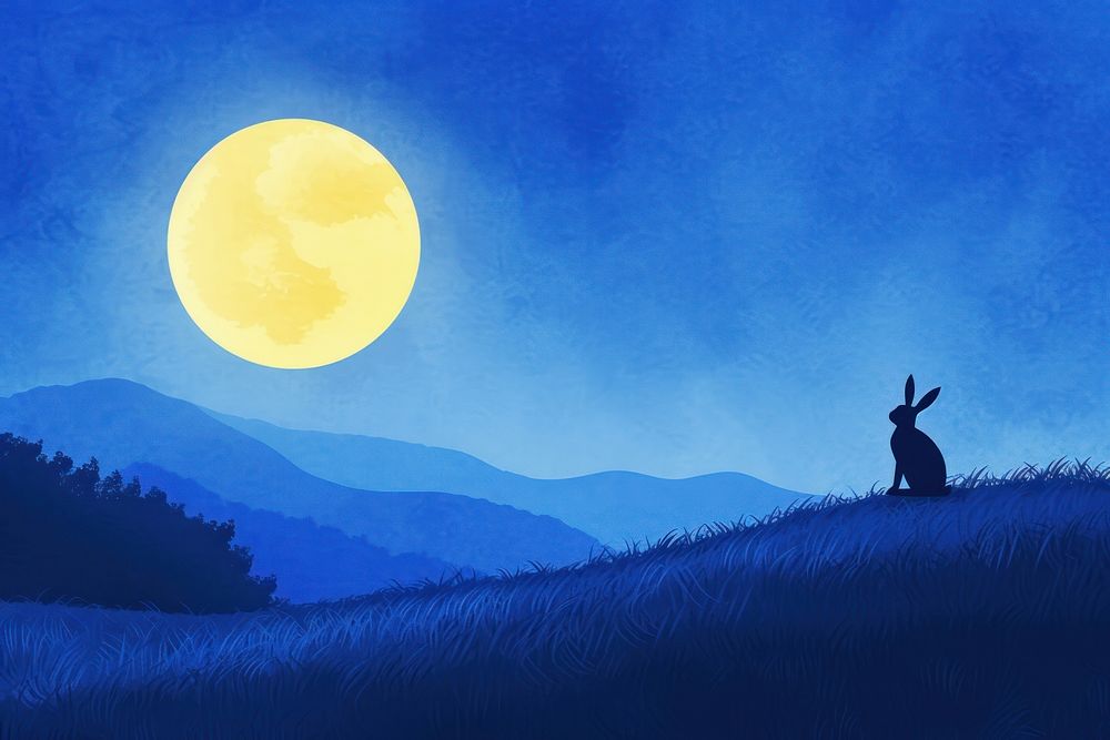 Rabbit sitting on the hills looking at big yellow moon night outdoors nature.