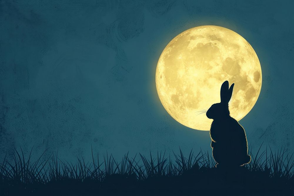 Rabbit sitting on the hill looking at big yellow moon astronomy outdoors nature.