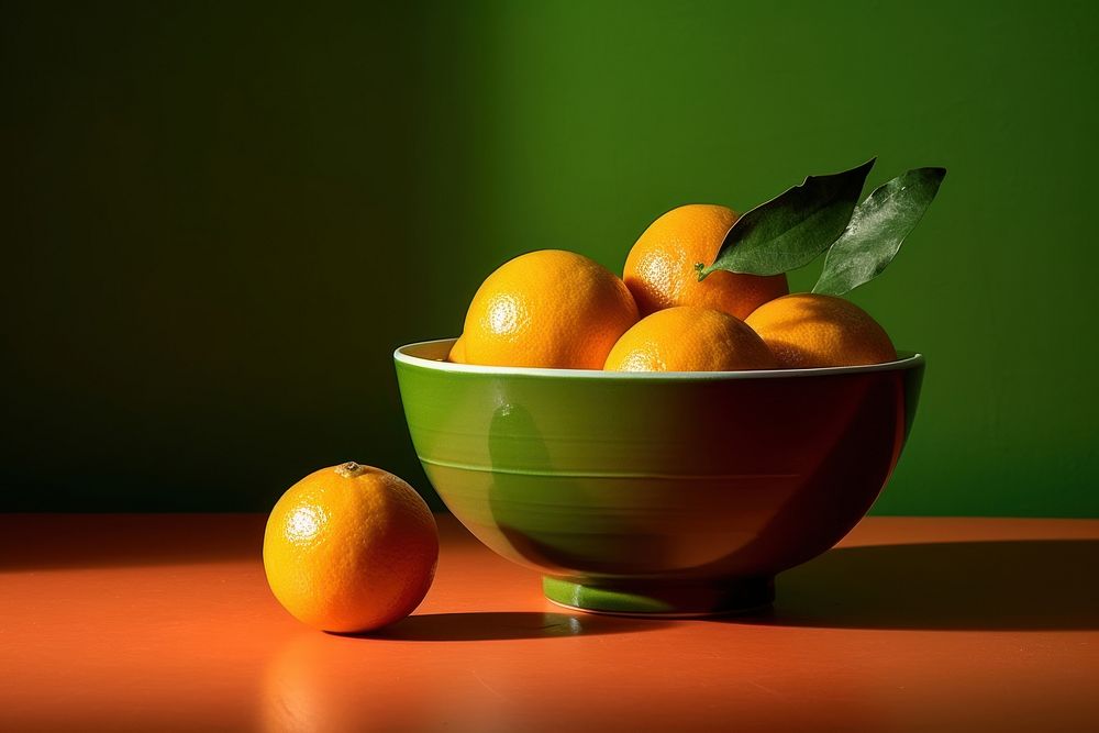 Bowl orange fruit green.