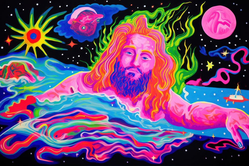 A Psychedelic jusus painting purple art.