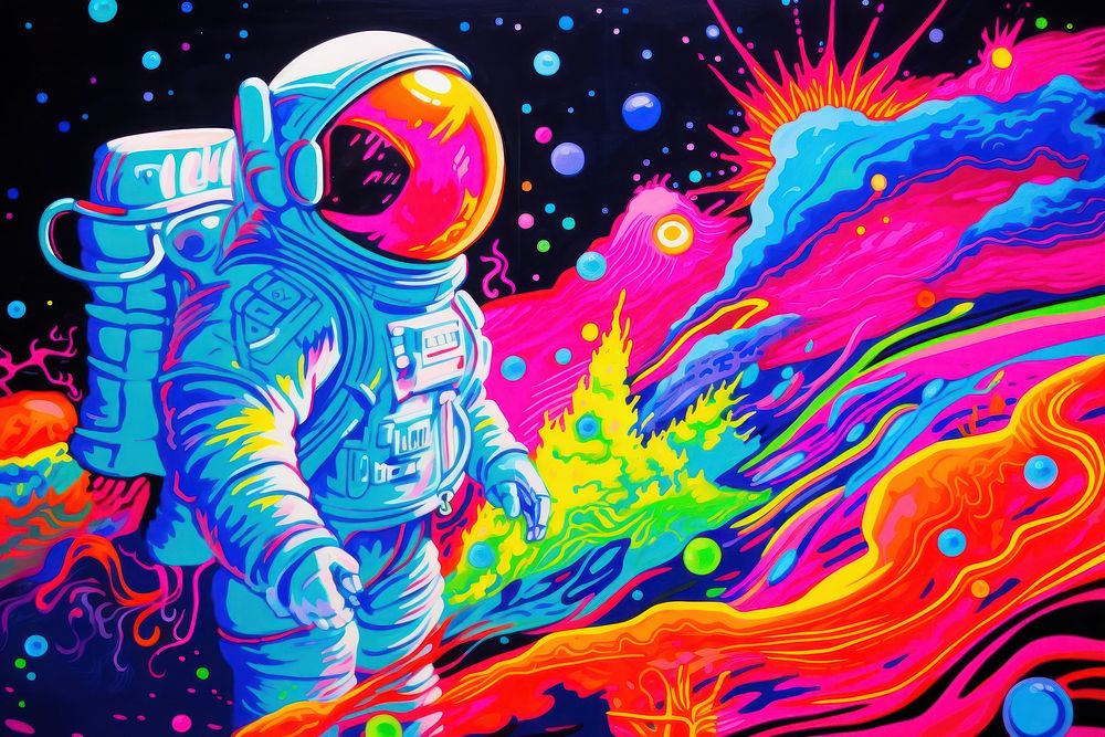A Psychedelic astronaut painting purple light.