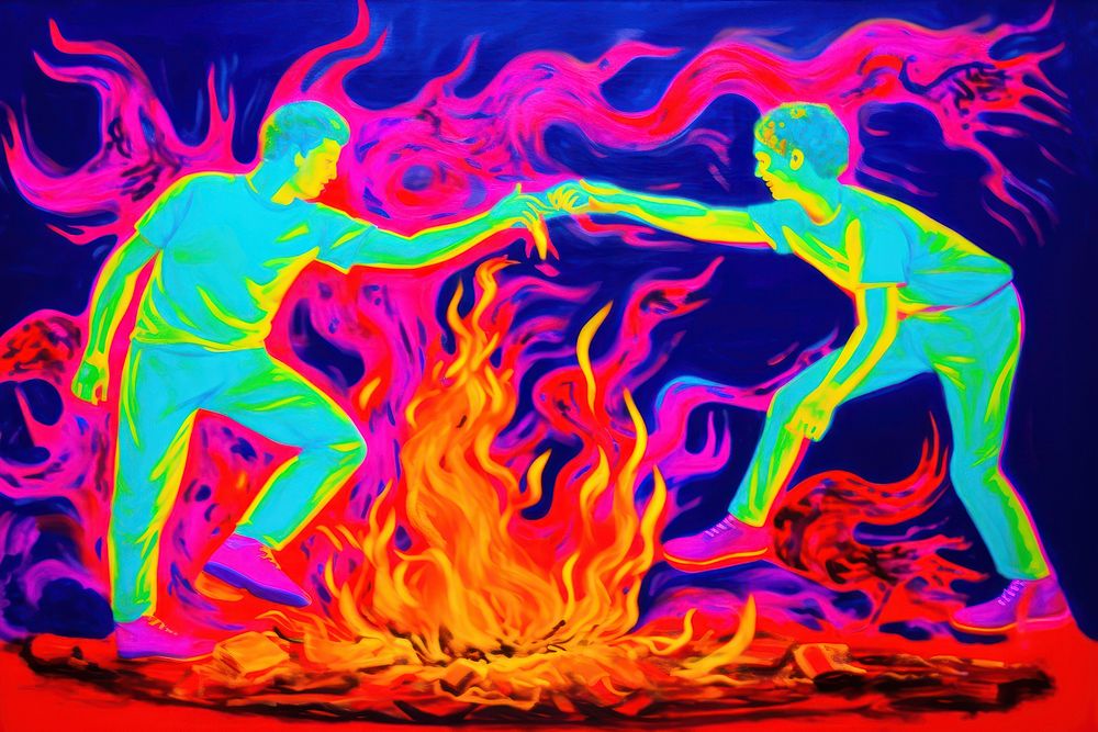 2 business men shakehand and fire on him body purple painting art.