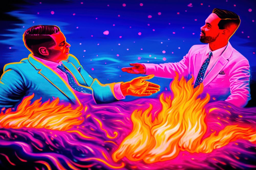 2 business men shakehand and fire on him body purple adult accessories.