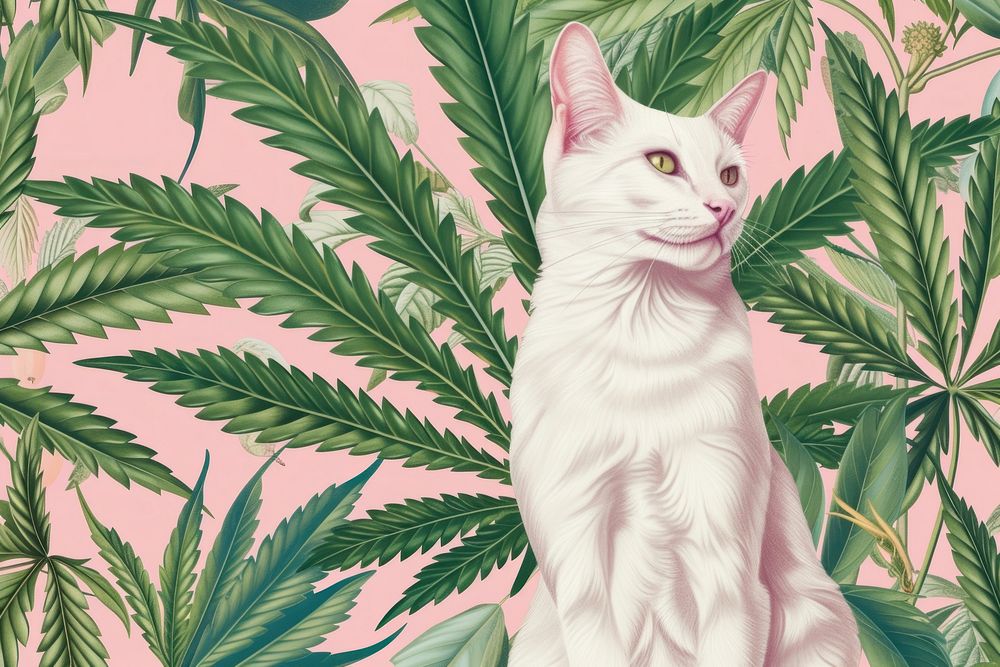 Realistic hand drawing of white cat and cannabis bud backgrounds pattern animal.