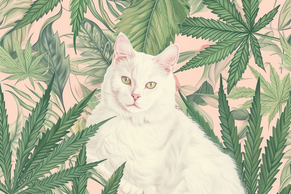 Realistic hand drawing of white cat and cannabis bud sketch backgrounds pattern.