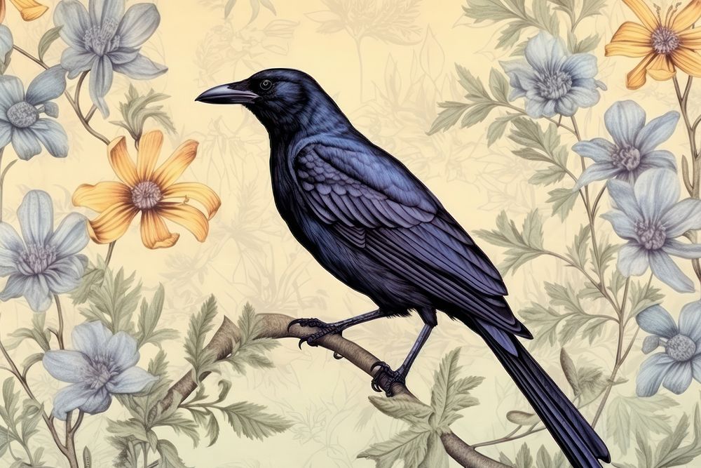 Realistic hand drawing of crow blackbird animal sketch.