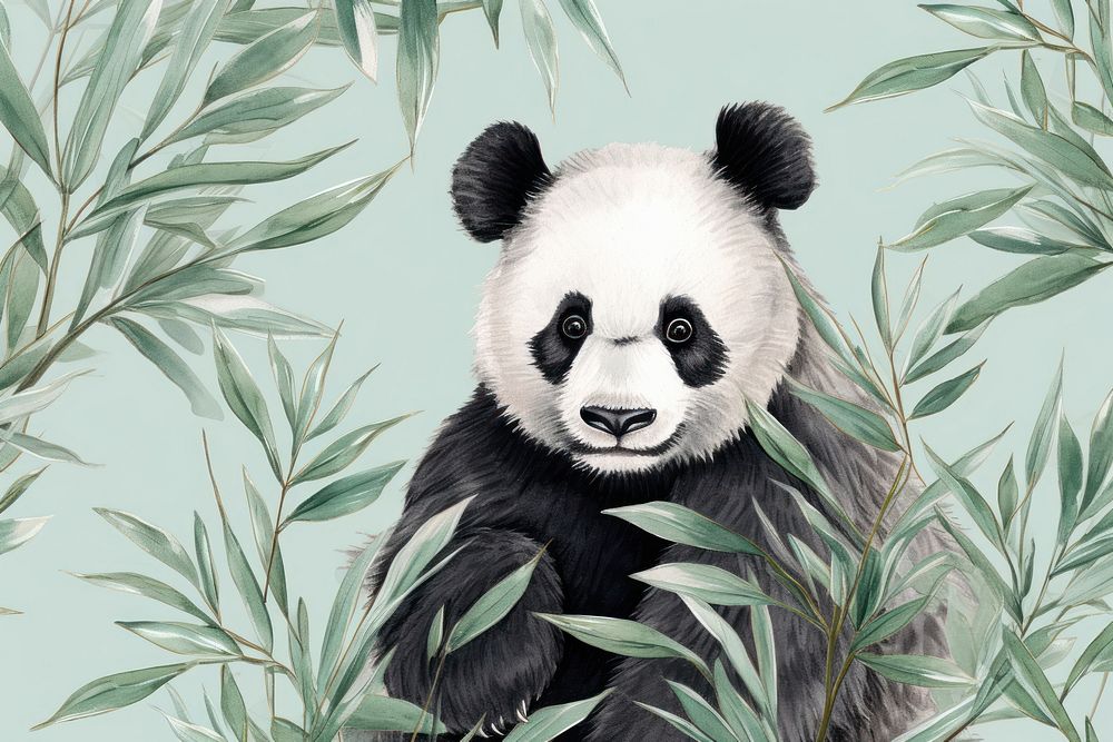 Realistic hand drawing of panda with bamboo jungle wildlife animal mammal.