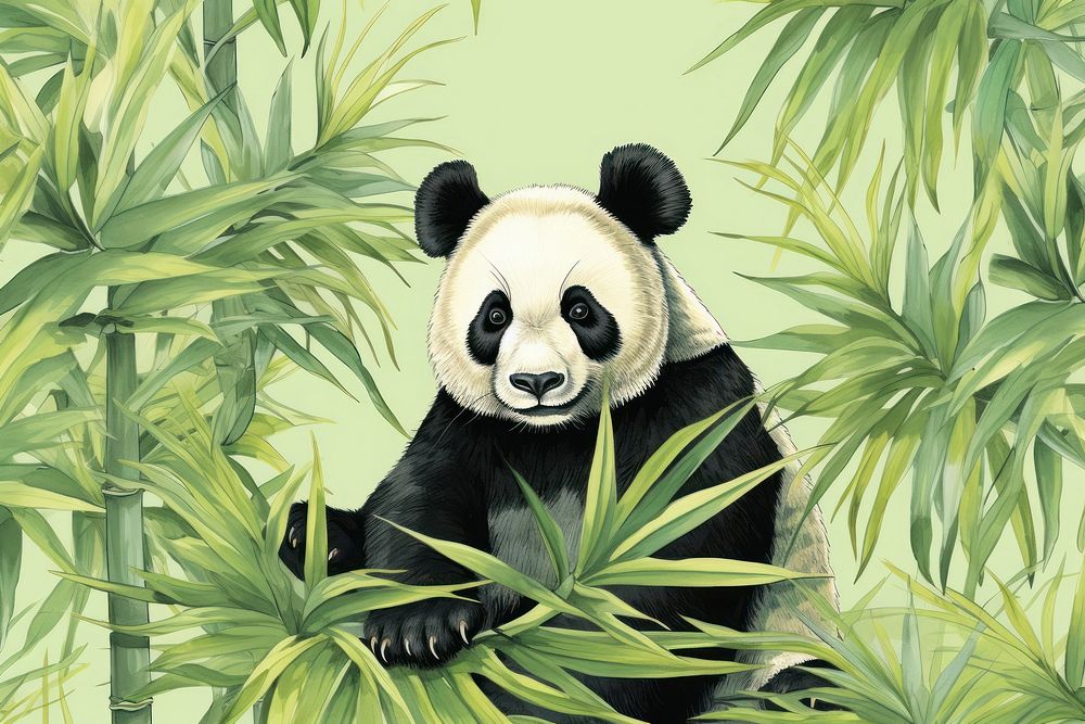 Realistic hand drawing of panda with bamboo jungle wildlife animal mammal.