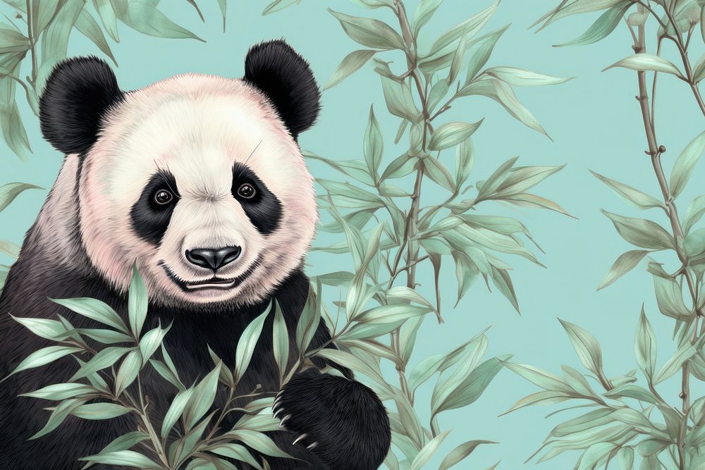 Realistic hand drawing of panda with bamboo jungle wildlife pattern animal.