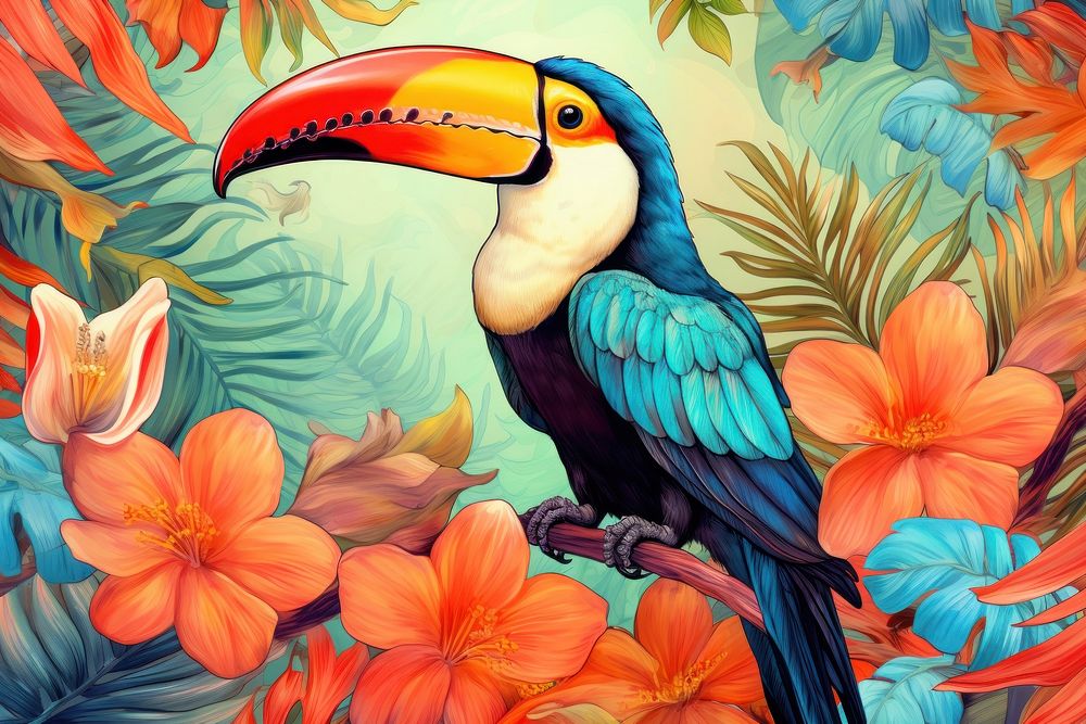 Vintage drawing of toucan bird pattern tropics animal flower.