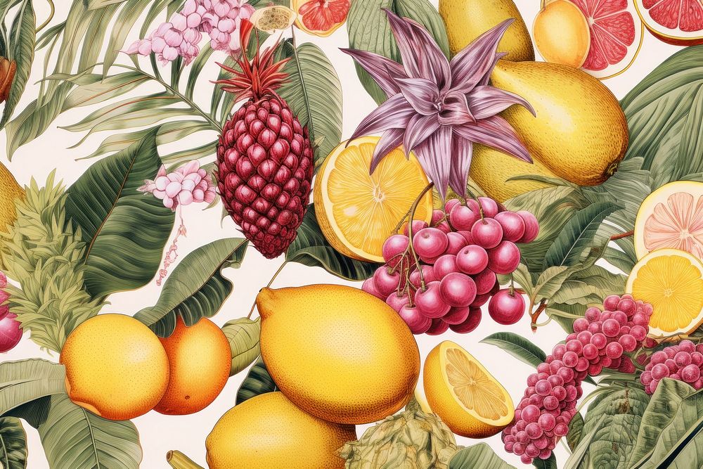 Vintage drawing of tropical fruits and tropical leaves grapefruit pineapple pattern.