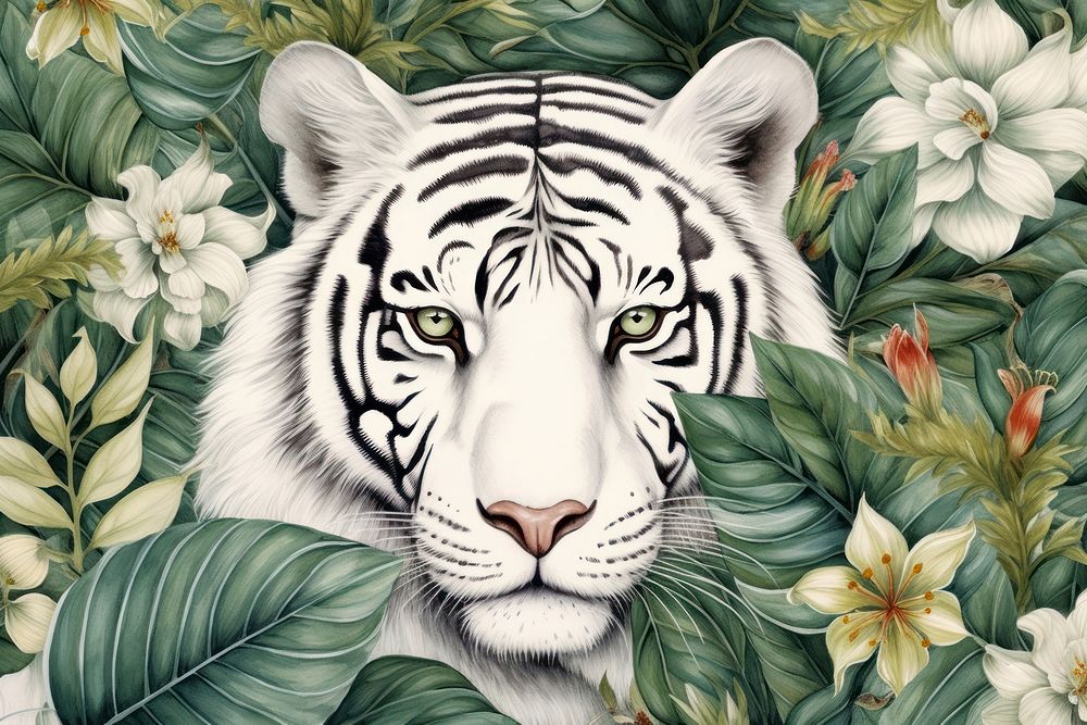 Vintage drawing of white tiger and tropical leaves wildlife pattern animal.