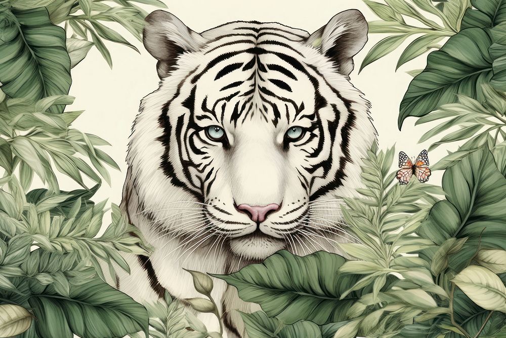 Vintage drawing of white tiger and tropical leaves wildlife outdoors pattern.