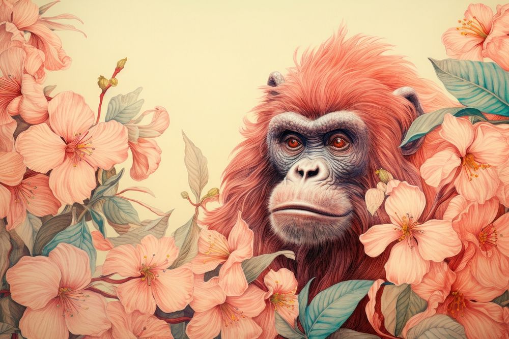 Vintage drawing of ape flower mammal monkey.