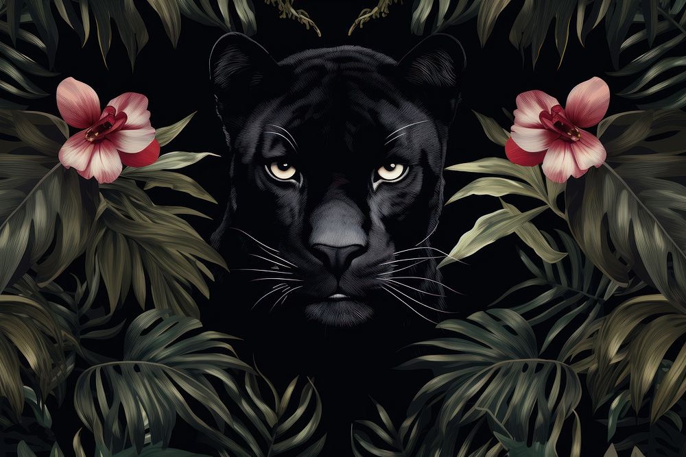 Vintage drawing of black panther and tropical leaves flower wildlife animal.