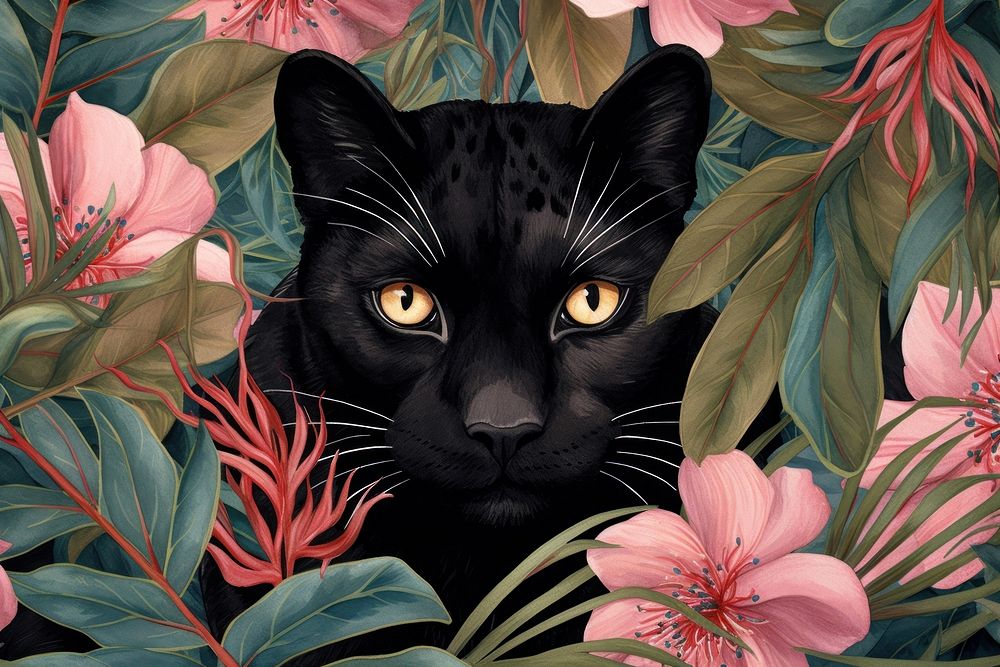 Vintage drawing of black panther and tropical leaves animal mammal flower.