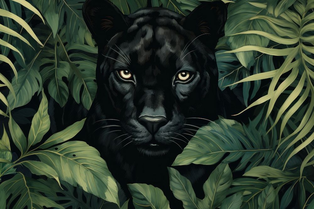 Vintage drawing of black panther and tropical leaves wildlife outdoors leopard.