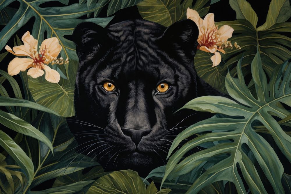 Vintage drawing of black panther and tropical leaves wildlife outdoors animal.