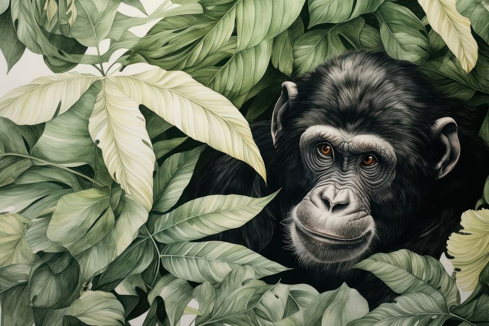 Vintage drawing of chimpanzee and tropical leaves wildlife outdoors gorilla.
