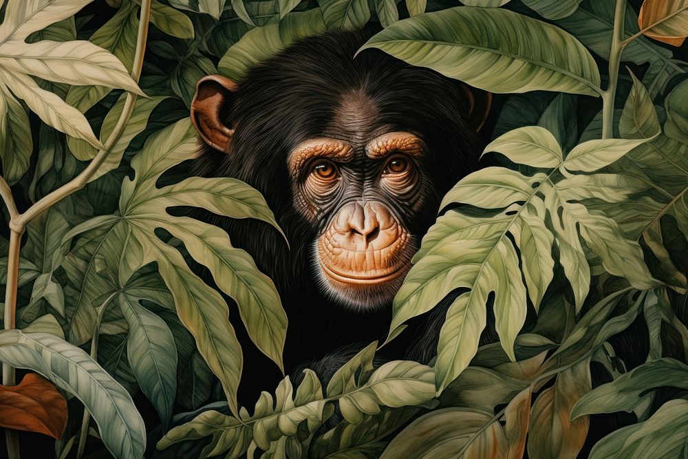 Vintage drawing of chimpanzee and tropical leaves wildlife outdoors mammal.