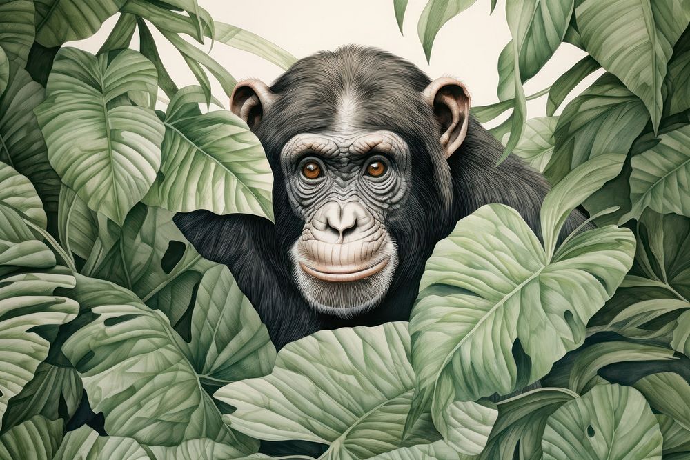 Vintage drawing of chimpanzee and tropical leaves wildlife outdoors animal.