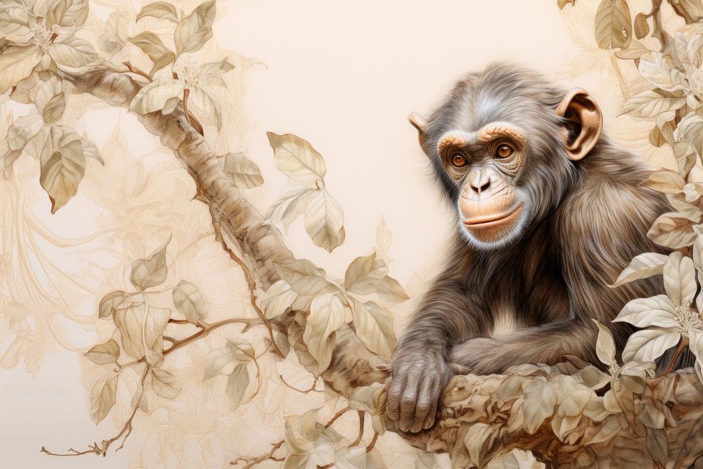 Vintage drawing of chimpanzee wildlife monkey mammal.