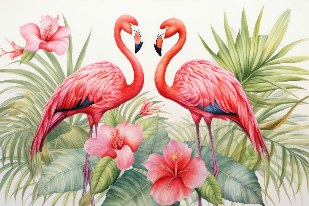 Flamingo birds and tropical leaves drawing pattern red.