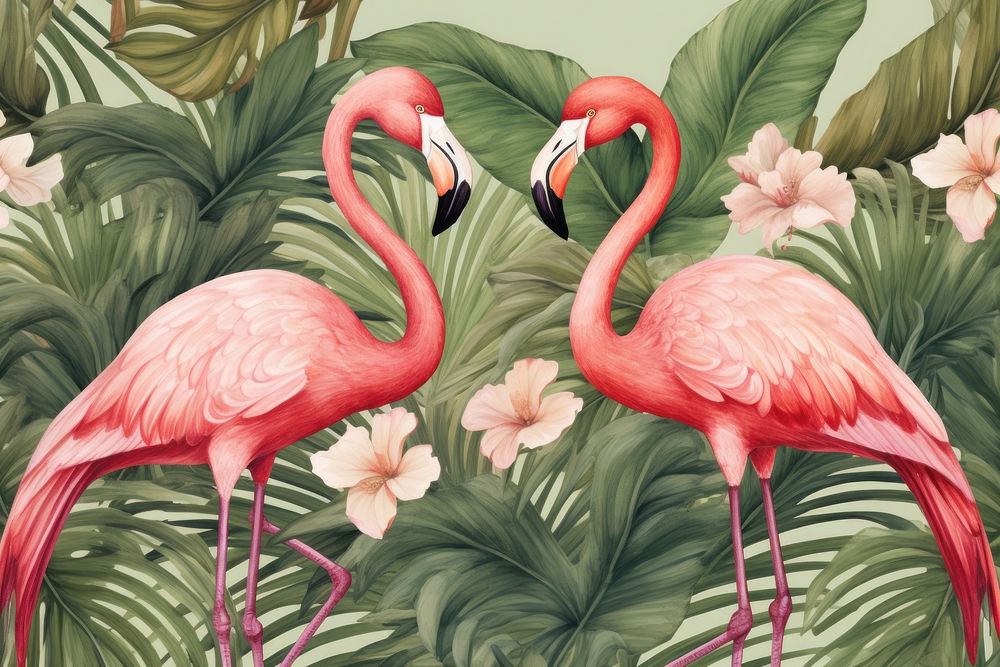 Flamingo birds and tropical leaves pattern animal freshness.