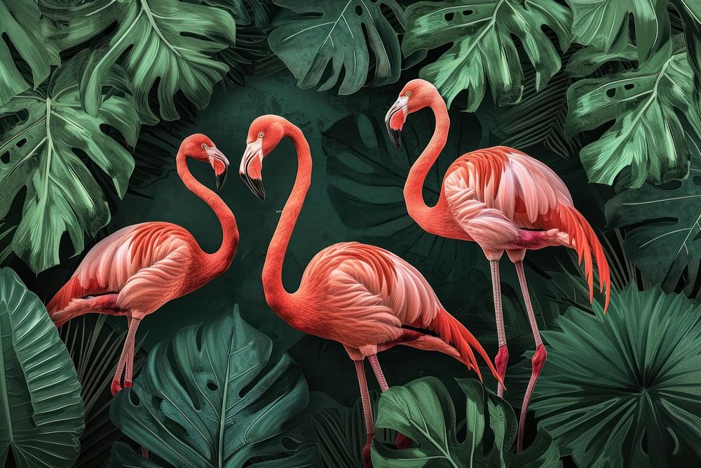Flamingo birds and tropical leaves outdoors pattern animal.