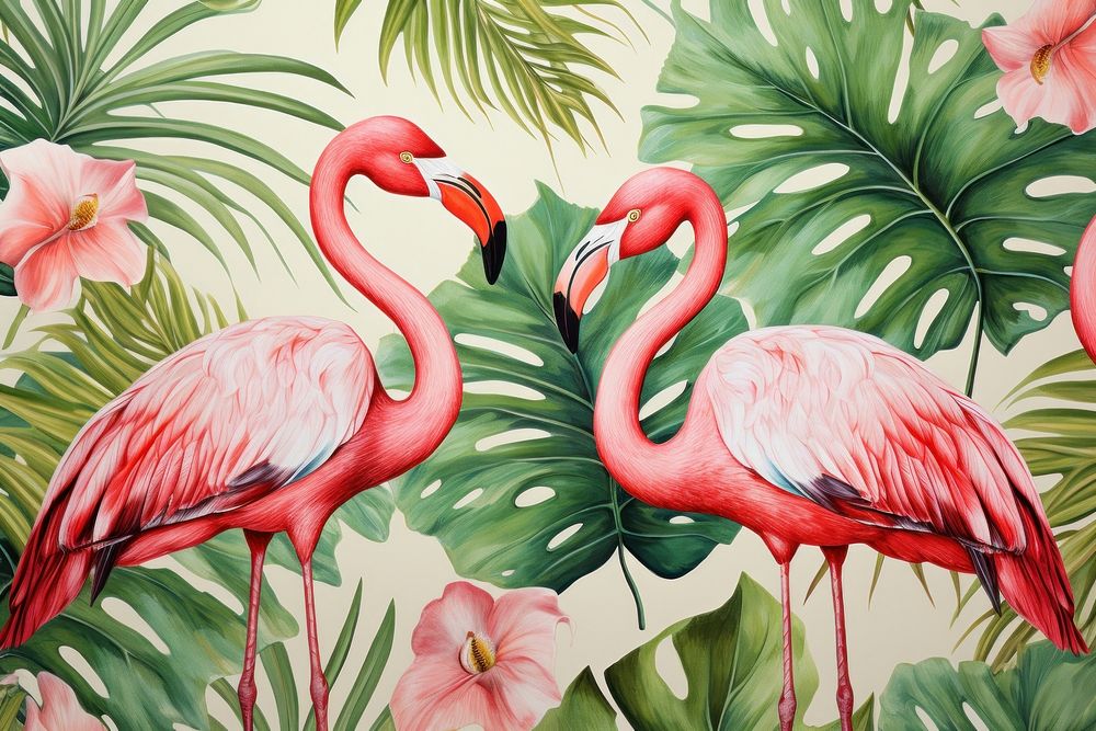 Flamingo birds and tropical leaves outdoors pattern nature.