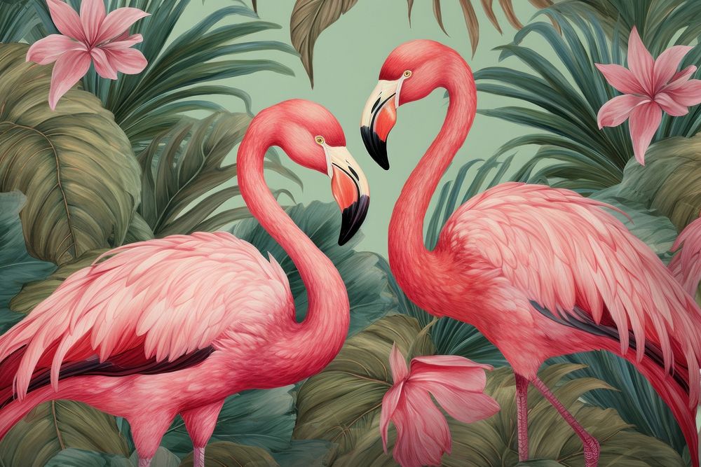 Flamingo birds and tropical leaves pattern animal red.