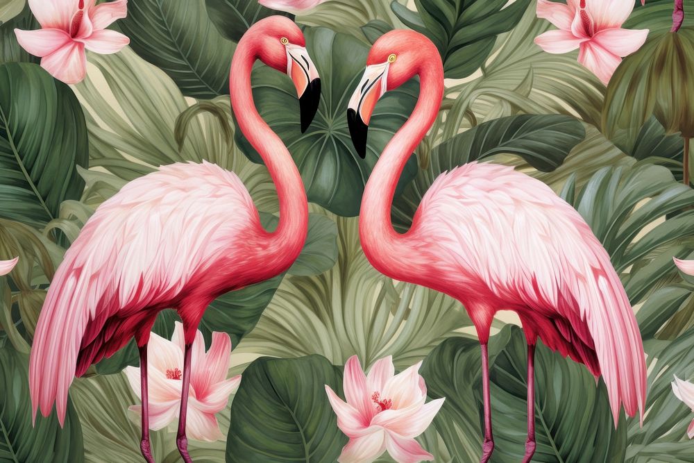 Flamingo birds and tropical leaves pattern animal backgrounds.