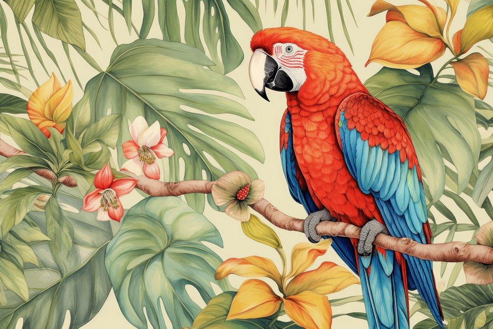 Vintage drawing of macaw and tropical leaves tropics pattern parrot.