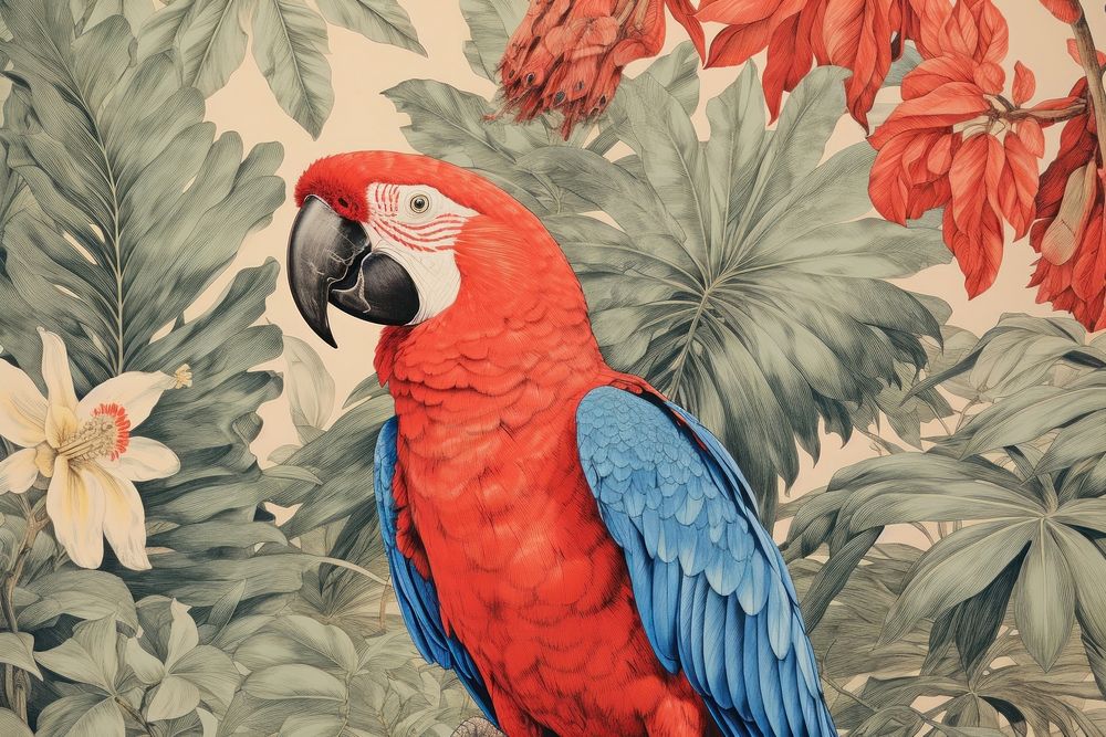 Vintage drawing of macaw and tropical leaves pattern parrot animal.
