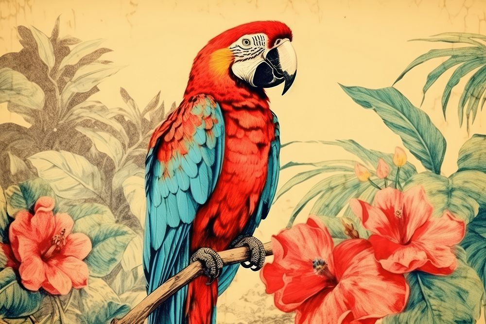 Vintage drawing of macaw parrot animal sketch.