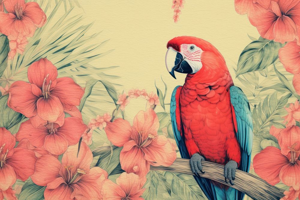 Vintage drawing of macaw flower parrot animal.