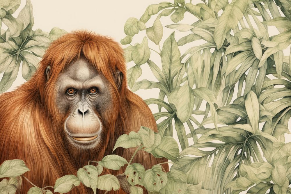 Vintage drawing of orangutan and tropical leaves wildlife mammal monkey.