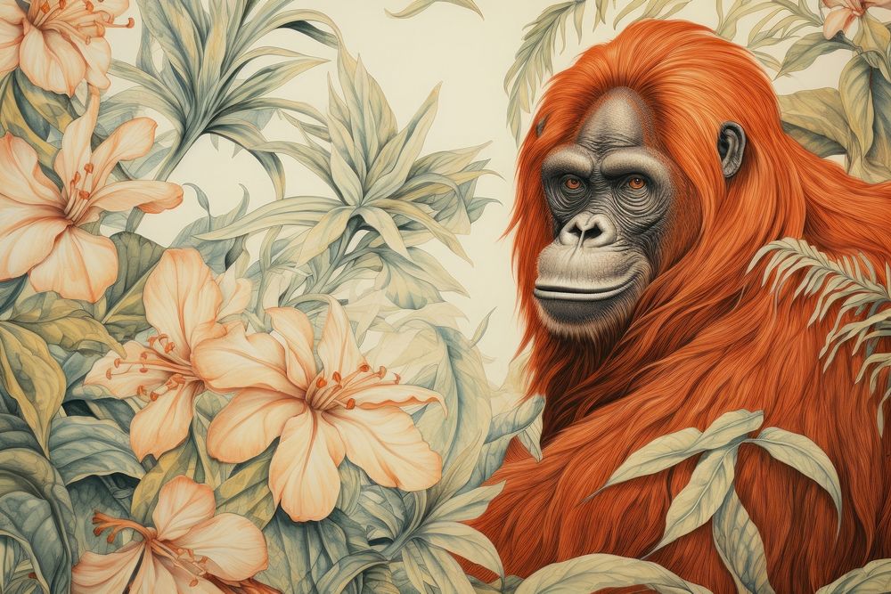 Vintage drawing of orangutan and tropical leaves wildlife painting pattern.