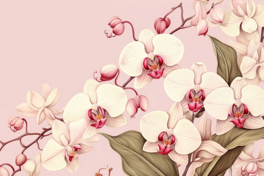 Vintage drawing of orchid flower pattern backgrounds plant inflorescence.