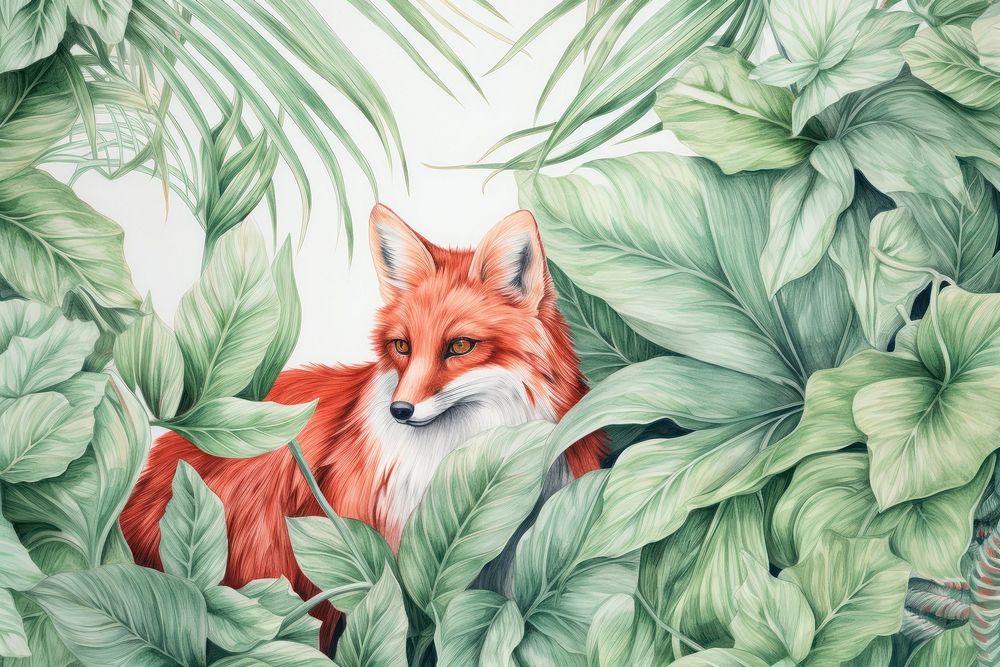 Vintage drawing of red foxes and tropical leaves outdoors pattern animal.