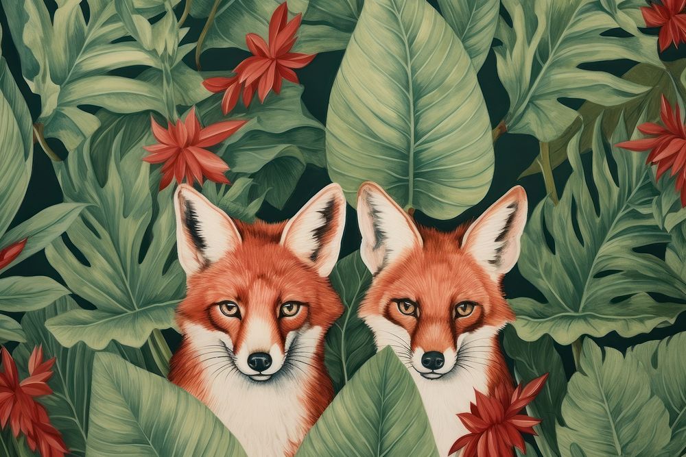 Vintage drawing of red foxes and tropical leaves pattern animal mammal.