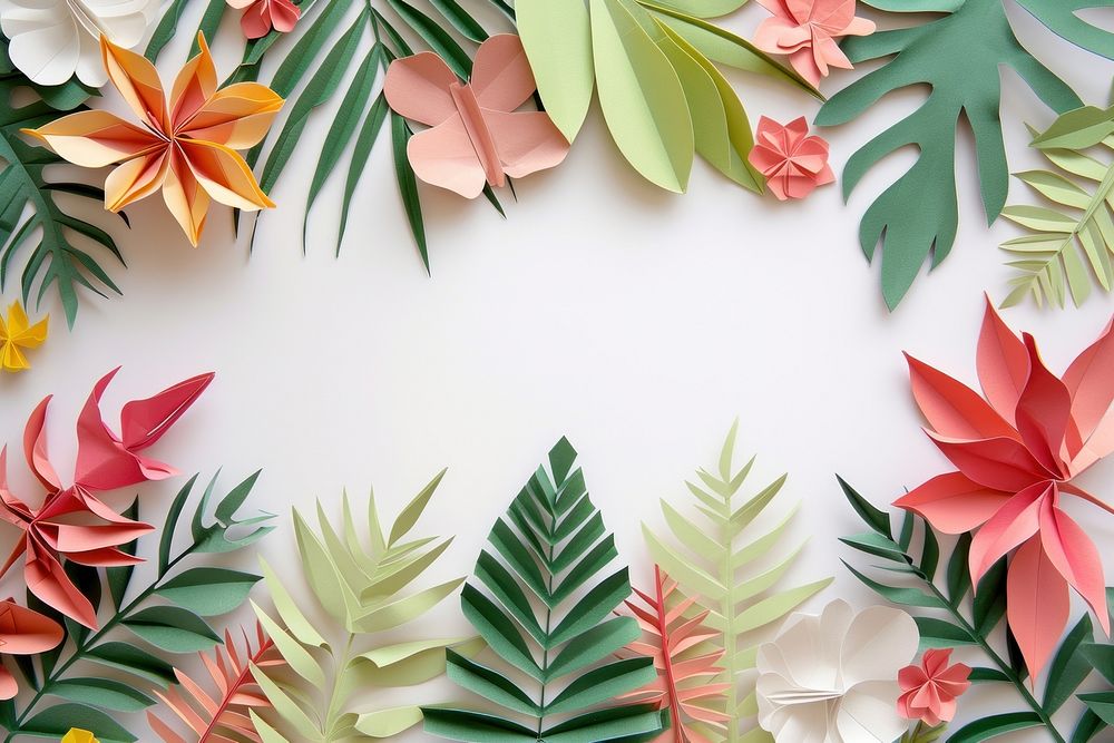 Tropical plants border origami art backgrounds.