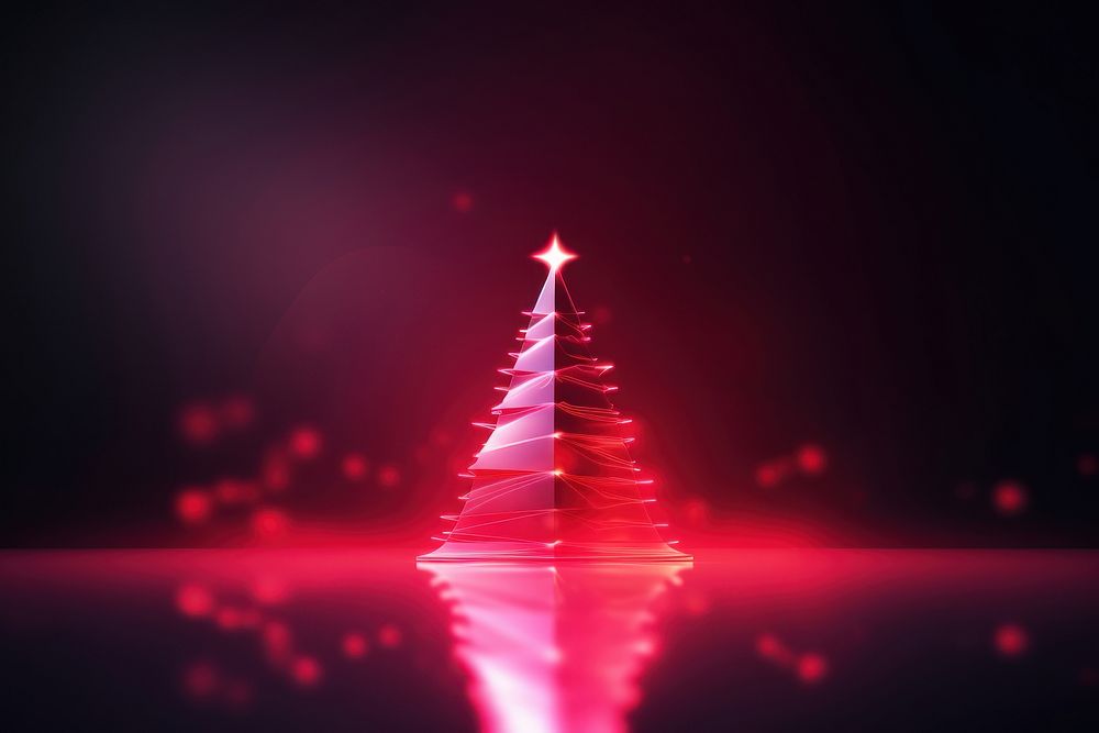 Neon christmas tree on red background abstract light architecture.