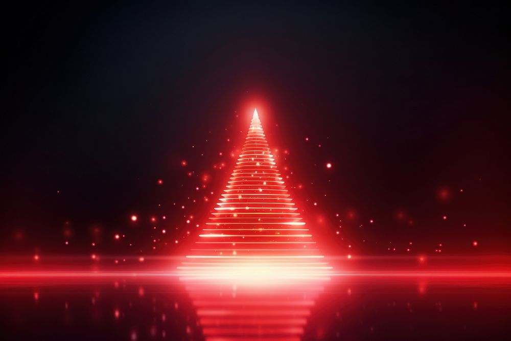 Neon christmas tree on red background futuristic abstract light.