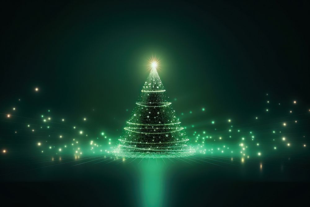 Neon christmas tree on green background futuristic abstract lighting.