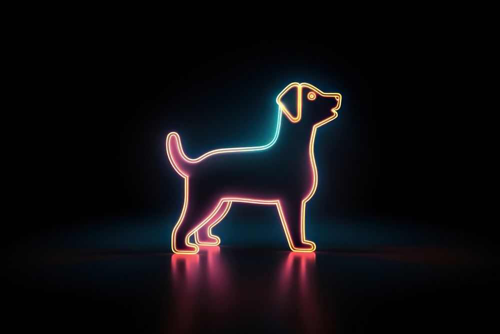Neon dog shape icon on dark background animal light pet.