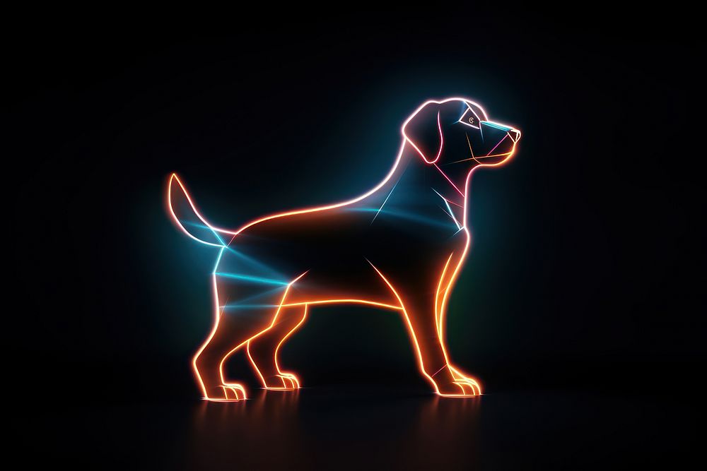 Neon dog shape icon on dark background futuristic animal mammal.